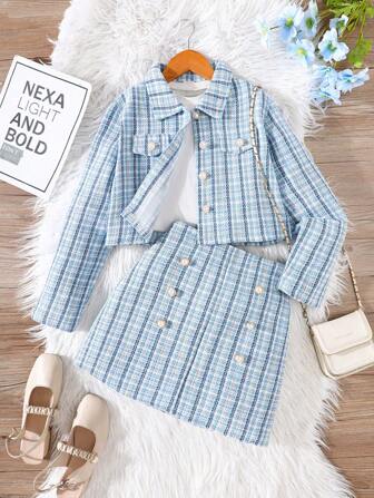 2st Tween Girl's Elegant Outfit, Tweed Coat & Kjol Set, Faux Pearl Button Decor, Barnkläder för vår höst