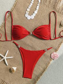 女士性感比基尼两件套，配有亮面配饰和特殊面料 - 紅色 - 查看 1