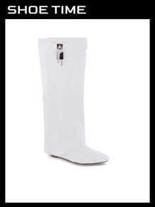 Padlock Detail Fold Over Wedge Knee High Boots - White - View 1