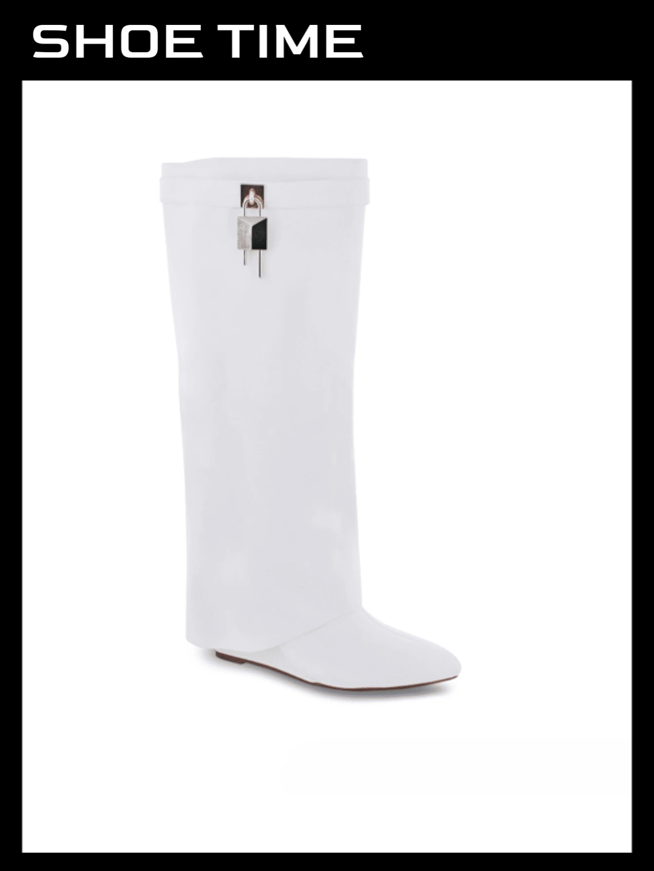 Padlock Detail Fold Over Wedge Knee High Boots - White - View 1
