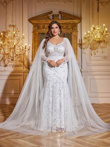 UNITHORSE Plus Size Women Sweetheart Collar, Batwing Sleeve, Sequins Embroidery, Lace Mesh Patchwork White Mermaid Wedding Dress Gown,Bride, All White Party Outfit Women - White - View 4