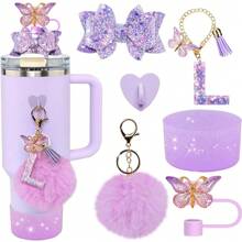 6Pcs Tumbler Cup Accessories Set - Butterfly Straw Topper Cover Cap, Bling Bow For Straw, Sparkly Silicone Boot, Letter Charm And Pompom For Water Bottle Cups Tumbler 40Oz 30Oz 20Oz, Back To School Supplies