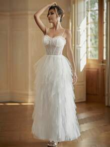 LVNES Weißes Hochzeitskleid, mehrstufiger Tüll mit zarten Trägern, elegantes Brautkleid, Abendkleid - Weiss - Übersicht 3