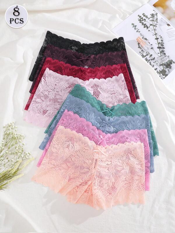 8pcs/Pack Solid Color Lace Sexy Breathable Comfortable Bikini Panties For Women