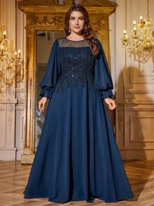 SUPGIR Plus Women's Round-Neck Lantern Sleeve Beads Sequin Chiffon Slim-Fitting Evening Dress - Navy Blue - View 4
