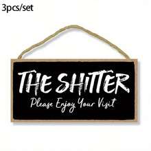 3pc The Shitter Please Enjoy Your Visit Hanging Wall Art Decorative Wood Sign Home Bathroom Decor - Black - View 3
