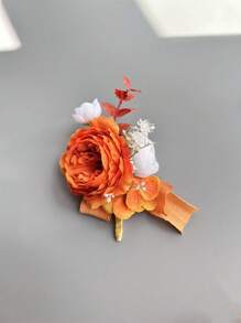 1pc/6pcs Artificial Silk Flower Groom Boutonniere Man Corsage Graduate Pin Suit Wedding Flowers Party Decoration Valentine's Day Accessories - Orange - View 10