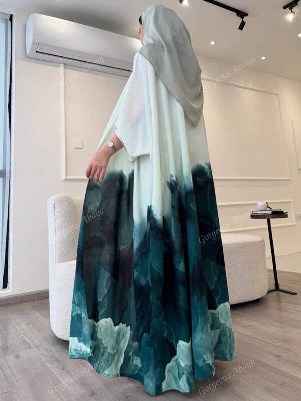 1pc Fashionable Minimalist Digital Wave & Mountain Retro Printed Solid Color Women Middle East Abaya Dress, Long Cardigan Robe, Suitable For Daily Wear & Festivals, Modest Kaftan