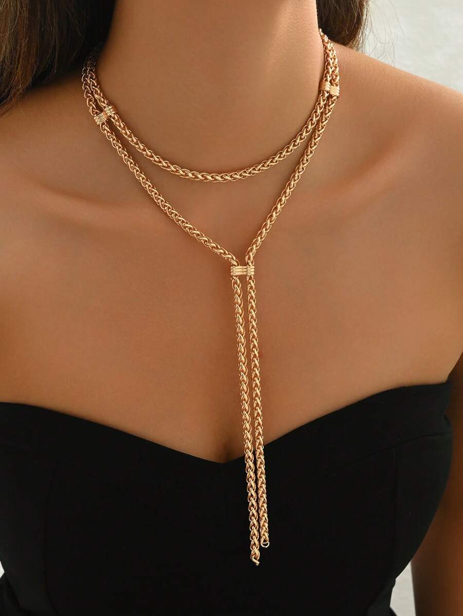 1pc colar feminino em forma de Y, moda outono/inverno, corrente de borla simples e colar com pingente longo de contas, acessório versátil para o dia a dia e estilo de rua - Dourado - Ver 1