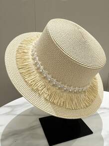 1pc Women Straw Weave Hat, Casual Cute Elegant Tasseled Pearl Flat Top Straw Hat For Summer, British Style Beach Sun Hat Suitable For Outdoors, Travel And Leisure Use - MZ2791 - View 8