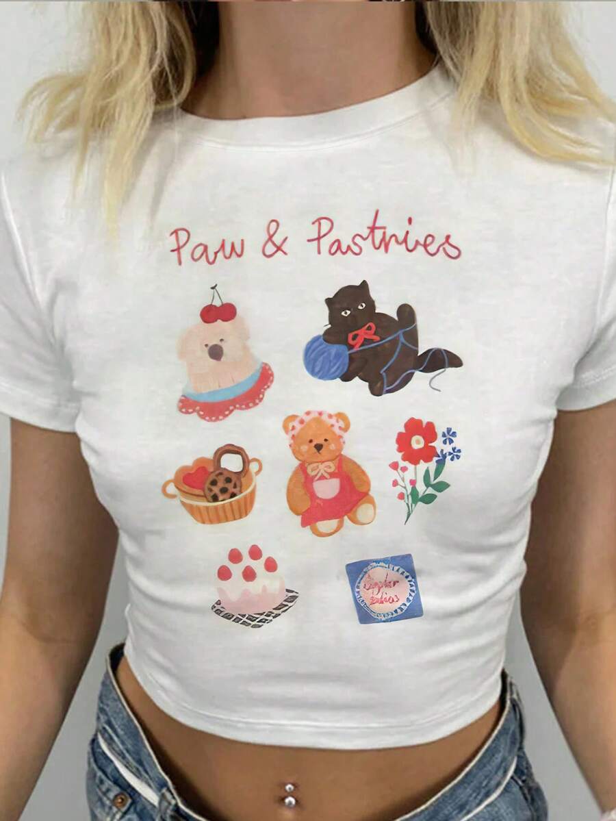 可爱熊图案女式 Y2K 风格修身短款短袖 T 恤 - 白色 - 查看 1