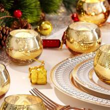 "3/6/12pcs Gold Glass Tea Light Candle Holders, 2.2 Inch Round Ball Shape With Starburst Design – Perfect For Christmas, Wedding, Dining Table Decor, Holiday Centerpiece, Home Decoration Gifts"