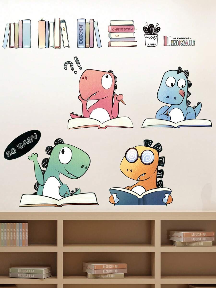 1pc Wall Sticker For Study Room, Bedroom, Early Learning Center - Dinosaur Reading Book Cartoon Decal, Suitable For Kindergarten Classroom Decor, Waterproof & Self-Adhesive Home Decor Wall Decor Bathroom Decor Bedroom Decor Room Decoration Stuff Living Room Decor House Decor Home Decor Living Room Wall Art Wall Paper Stickers Personalised Stickers