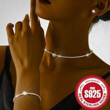 925 Sterling Silver Light Luxury Temperament Four Piece Set, Necklace, Earrings, Bracelet, Hypoallergenic, High-End Banquet, Wedding, Party Jewelry Gift For Womensilvery - Four Piece Set - View 1