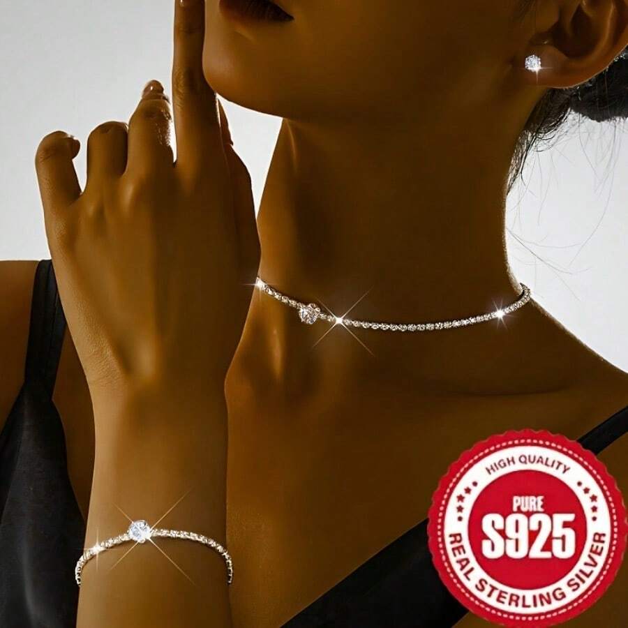 925 Sterling Silver Light Luxury Temperament Four Piece Set, Necklace, Earrings, Bracelet, Hypoallergenic, High-End Banquet, Wedding, Party Jewelry Gift For Womensilvery - Four Piece Set - View 1