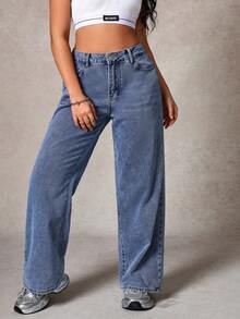 Jeans casuales de mezclilla de pierna recta y holgada con bolsillos para mujer