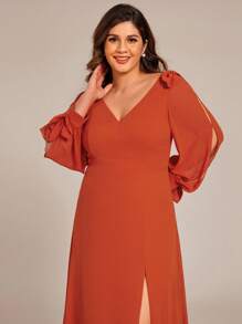 Plus Elegant Long Sleeves Bow Chiffon Bridesmaid Formal Dresses For Wedding