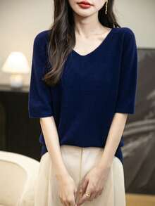 女士 100% 美利奴羊毛毛衣 T 恤可爱夏季上衣优雅单线无缝毛衣女士 V 领短袖针织上衣春夏休闲新款羊毛 T 恤上衣