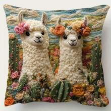 1/2pcs Whimsical Llama & Cacti Decorative Pillow Cover - Vibrant Handcrafted Design, Zippered, Polyester, Ideal For Sofa, Chair, Bed, Car, Living Room, Office - Charming Contemporary Style, Hand Wash Only (No Insert), Cute Pillows,Fall Decor,Autumn Decor,Room Decor - Beige - View 1