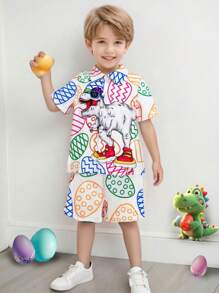 2pcs Young Boy Cartoon Dinosaur & Easter Egg Print Lapel Button-Front Short Sleeve Shirt + Shorts Set, Fashionable Outfit For Casual, Outdoor, Easter Party, Spring/Summer