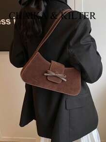 1 pieza Bolso de hombro de tela de unicolor para mujer, bolso bandolera de silla de montar de moda retro con decoración de lazo, cierre con hebilla y asas dobles, adecuado para uso diario y al aire libre, bolso, bolso de inspiración retro para mujer