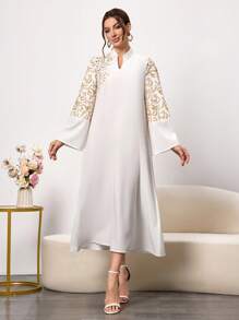 فستان كاجوال نسائي طويل الأكمام مطبوع، محتشم - أبيض - مشاهدة 2