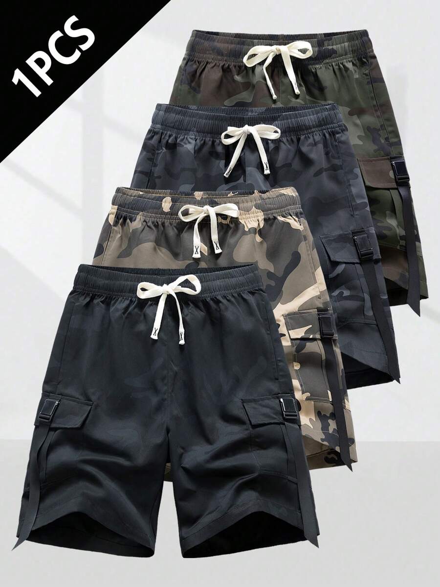 1 Pc Men's Camouflage Cargo Shorts, Outdoor Sports Cargo Style Style Multi-Pocket Shorts, Summer - Black - View 1