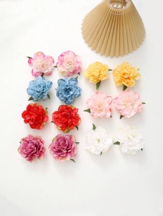 2 件高品质仿花发夹，仿布牡丹花侧夹，适用于日常生活、婚礼、节日装饰，撞色，休闲，可爱，优雅，铁合金，春夏秋季