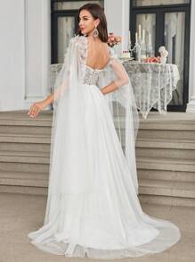 UNITHORSE Off Shoulder Dropped Sleeve Floral Decor Waist Cinch Extra Long Elegant Dress, Wedding Dress,Bride, All White Party Outfit Women - White - View 2