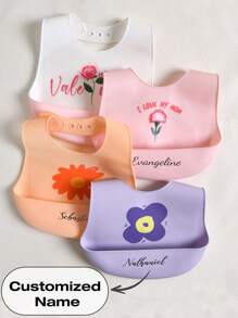 1pc Babador de bebê personalizado com estampa de flores, babador de silicone macio ajustável, antimanchas e antivazamento, presente personalizado para meninos e meninas, adequado para todas as estações