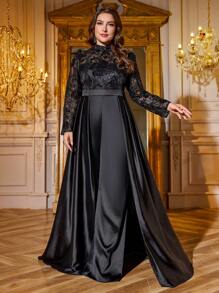 SUPGIR Plus Women's [Random Cut] O-Neck Long Sleeve Sequin Three - Dimensional Flower Slim-Fitting Trousers Satin Maxi Ball Gown Evening Dress - 黑色 - 查看 6