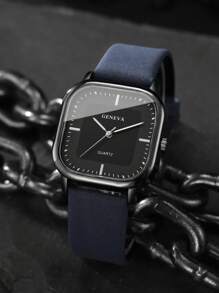 3pcs Set: Men's Square Minimalist Dial Quartz Watch & Leather Belt Accessories, Excluding Watch Box - Multicolor - View 7