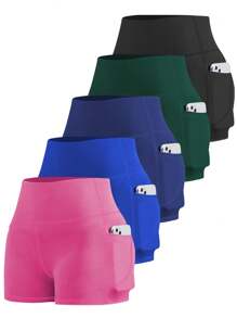 5pcs/Set Plus Size Women's High Waist Elastic Waisted Skinny Shorts, Compression, Pocketed Yoga Running Workout Shorts, Spring/Summer