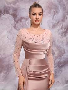 GIFORU Romantic Soft Pink Satin Evening Gown With Beaded Long Sleeves, Elegant Luxury Wedding Guest Dress For Galas, Parties & Formal Occasions, Party Dress - Coral Pink - View 2