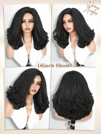 Yaki Kinky Straight Lijmloze Losse Golvende Bob Pruiken Grote Kleine Kant Voorkant Body Wave Pruik Synthetisch Krullend Dames Zijscheiding Natuurlijke Haarlijn Pruiken Voor Vrouwen (Zwart, 16 Inch)