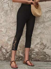 花卉蕾丝拼接七分紧身裤，女士休闲弹力七分裤，纯色七分修身裤，女士黑色夏季九分紧身裤 - 黑色 - 查看 6