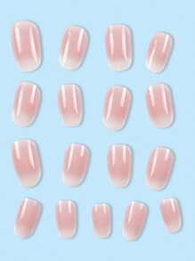 24pcs Short Oval Transparent Pink-White Ombre Nail Stickers, Suitable For Party, Wedding, Daily Wear