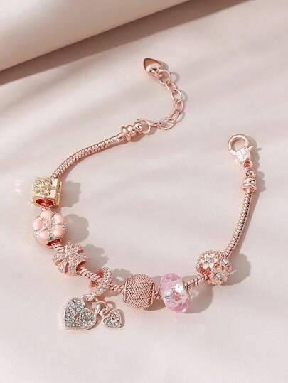 1pc Vintage Elegant Flower & Heart Shaped Pendant Women's Personalized Chain Bracelet With Rhinestones Valentines, Mom, Mother, Mother's Day, Gift