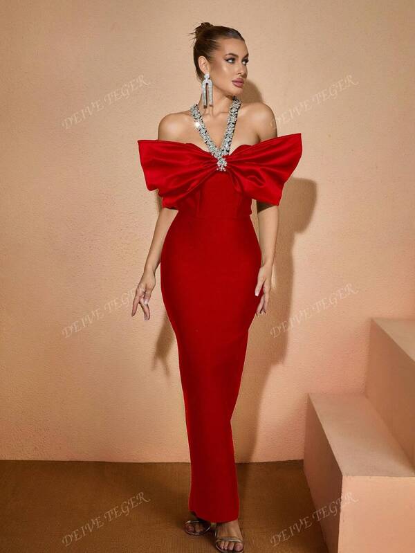 DEIVE TEGER Sexy Halter Off Shoulder Bandage Dress Handmade Rhinestones Design, Elegant Dress Bandage Body Shaping Suitable For Evening Parties, Celebrations And Formal Events Dinner Dress