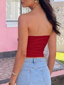 Mystra Summer Solid Color Wrap Chest Backless Ruched U-Shaped Buckle Water Drop Hollow Design Sexy Elegant Fitted Tube Top - Red - View 7