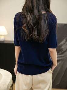 女士 100% 美利奴羊毛毛衣 T 恤可爱夏季上衣优雅单线无缝毛衣女士 V 领短袖针织上衣春夏休闲新款羊毛 T 恤上衣