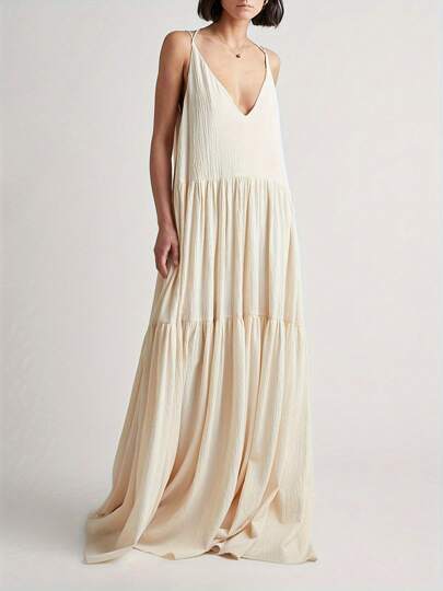 Bohemian Style Women's Elegant Ruffle Hollow Long Dress, Sexy V-Neck Spaghetti Strap Summer Beach Dress