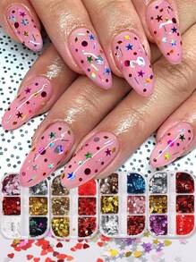 6 格心形迷你星星混合美甲亮片可爱彩色五角星混合尺寸爱心闪亮全息美甲设计卡哇伊 Y2K 美甲装饰美甲沙龙美甲用品 DIY - 彩色 - 查看 1