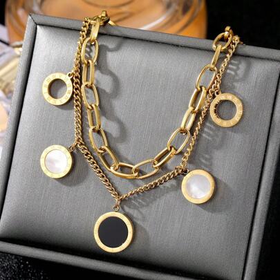 1pc Roman Numeral Round Plate Bracelet For Women, Titanium Steel Jewelry, Minimalist & Personalized Fashionable Golden Gift