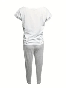 2pcs Casual Letter Print Short Sleeve T-Shirt And Long Pants Set Summer - Light Grey - View 2