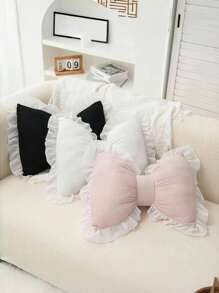 1pc Soft & Cute Bow Decorative Throw Pillow, Ruched Lace Bow Cushion For Sofa, Bed, Living Room & Bedroom, Ideal Mother's Day Gift For Mom, White