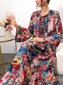 Women's Vintage Floral Print Maxi Dress - Long Sleeve Tie-Neck Boho Dress, Spring Summer Casual Loose Fit Layered Dress,Elegant Long Sleeve Robe,Summer Dresses,Dresses Classy Elegant