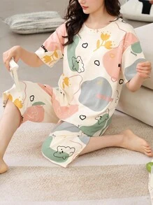 2 Potong Set Piyama Wanita, Atasan Lengan Pendek Motif Kelinci Lucu & Bunga, Celana Panjang 3/4 Kasual Modis, Cocok Untuk Musim Semi & Musim Panas - Aprikot - View 5