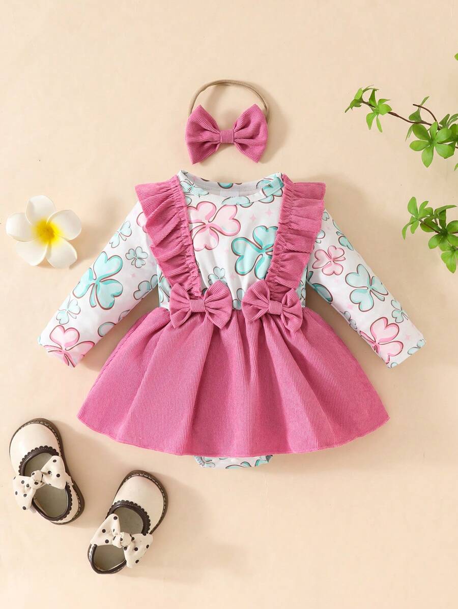 2pcs/Set Infant Girls Adorable Ribbed Patchwork Clover Print Long Sleeve Bodysuits With Hair Band, Spring/Summer Outfit - Pink - View 1