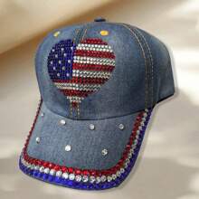 Patriotic Baseball Caps For Women Sparkle Rhinestone Heart Trucker Hats Adjustable Dad Hats Presents - Blue - View 3